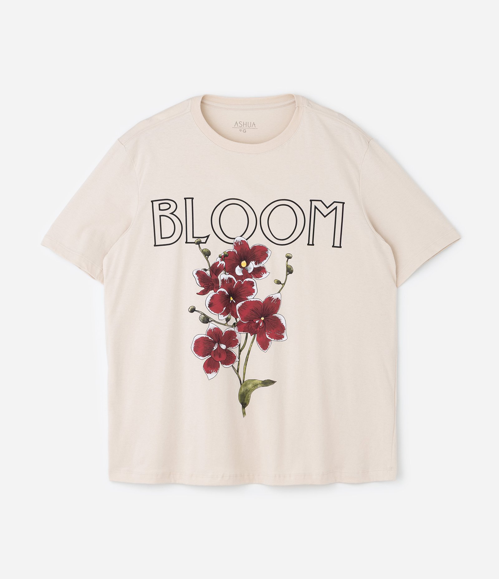 Camiseta Alongada em Meia Malha com Estampa Orquídea Curve & Plus Size Bege 1