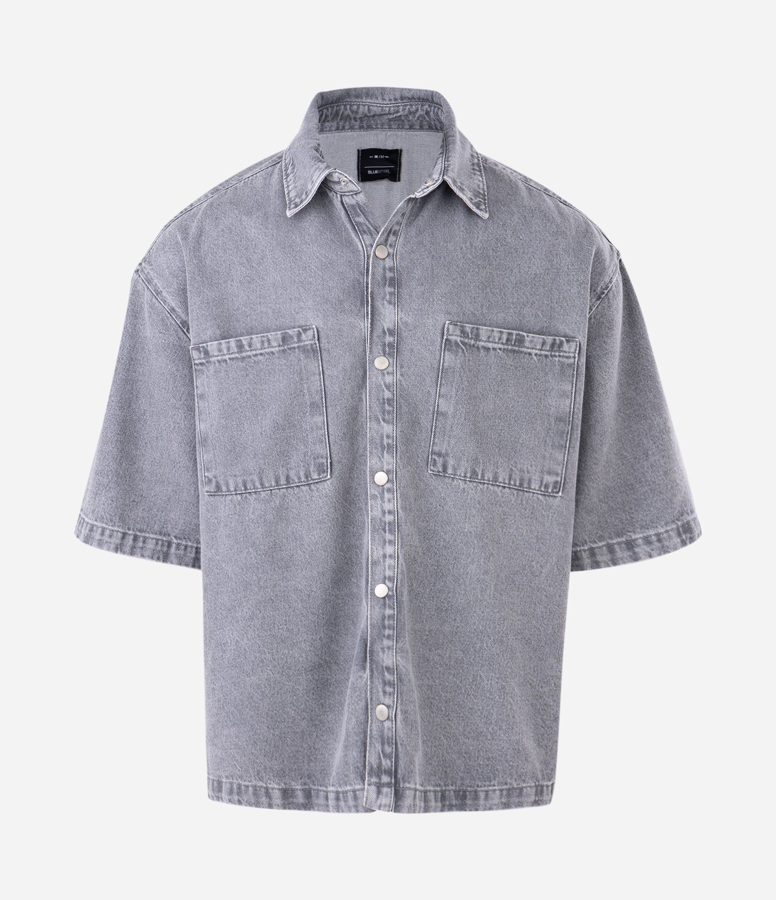 Camisa Boxy em Jeans com Bolsos Marmorizada Cinza 4