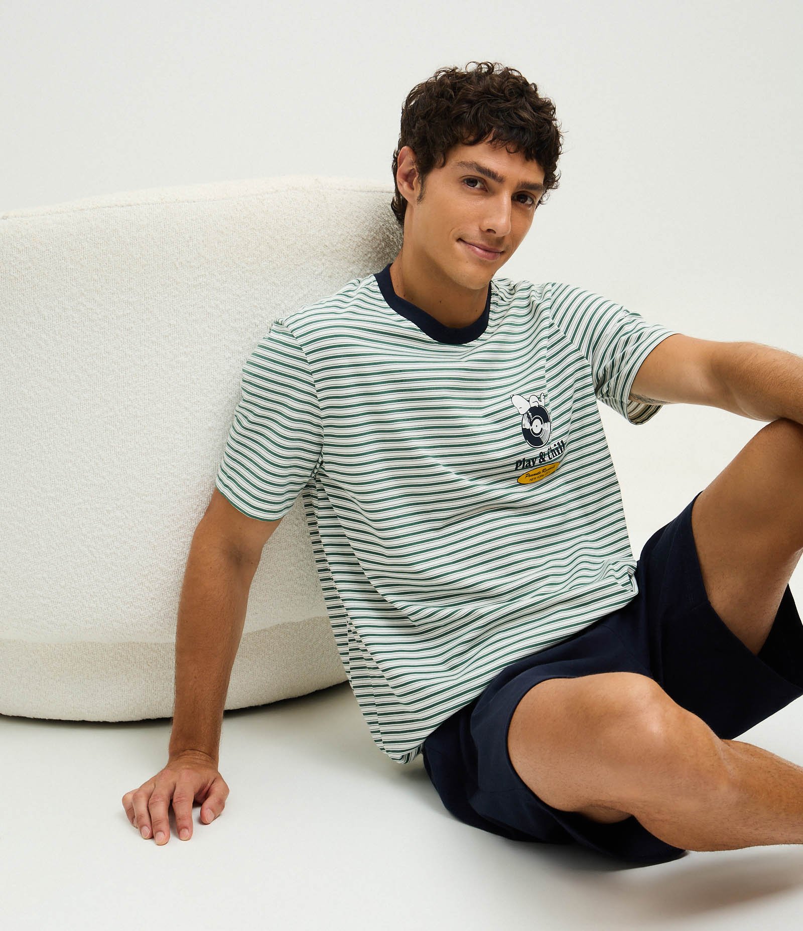 Pijama Curto em Algodão Listrado com Estampa Peanuts Records (Snoopy) e Bermuda de Pijama Verde Verde 4