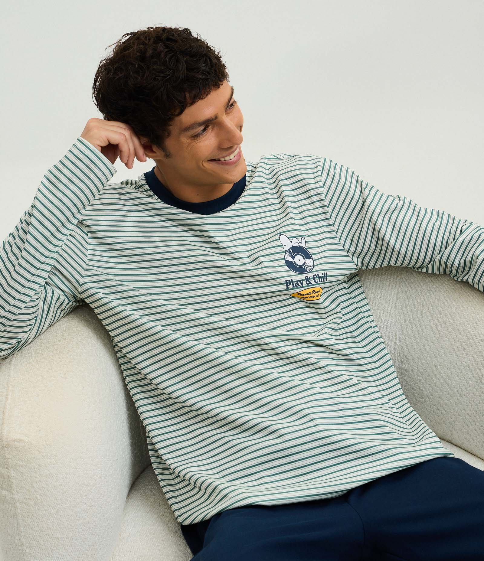 Pijama Longo em Algodão Listrado com Estampa Snoopy e Calça de Pijama Verde 4