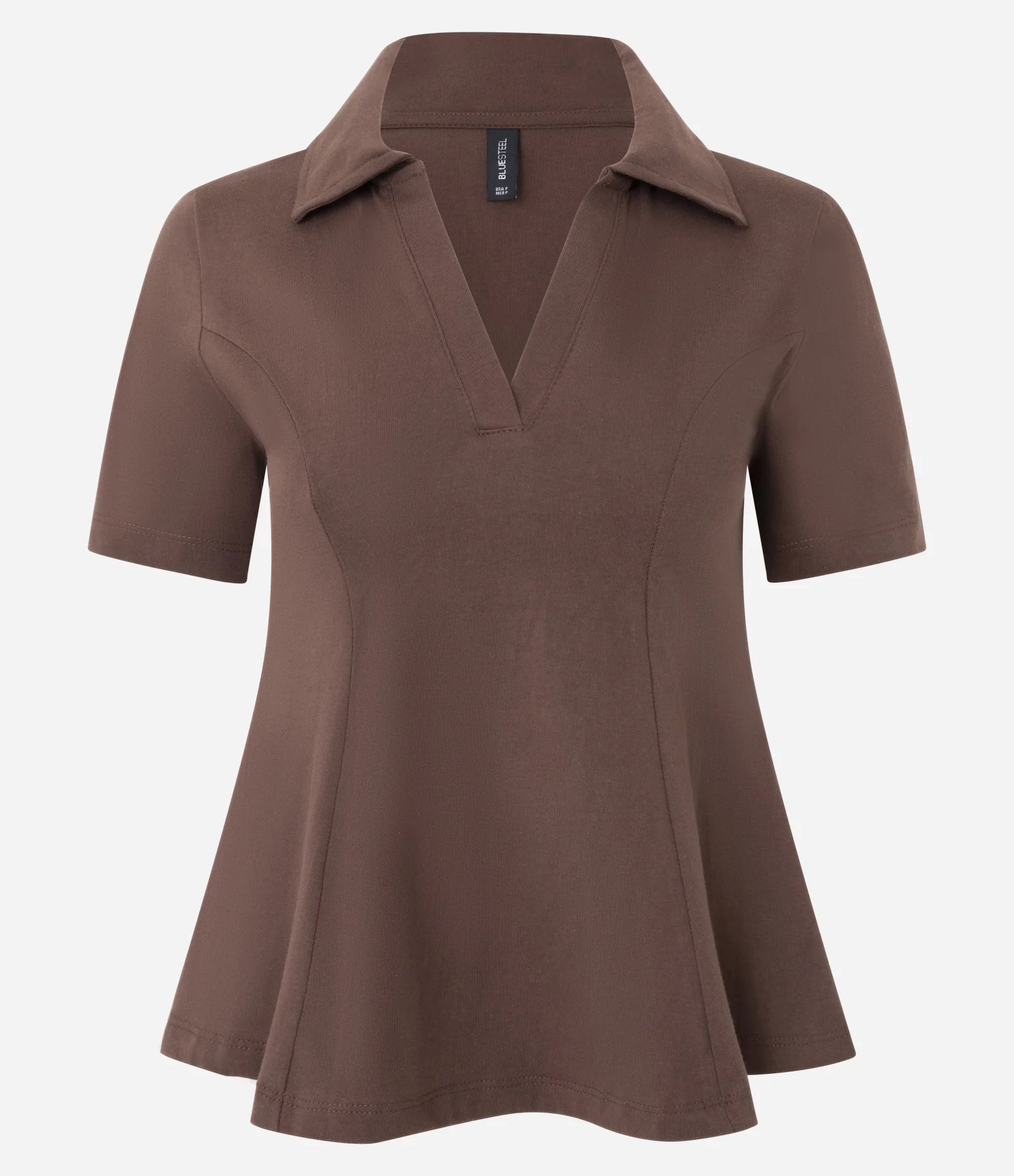 Blusa em Meia Malha com Gola Polo e Modelagem Peplum Marrom 1