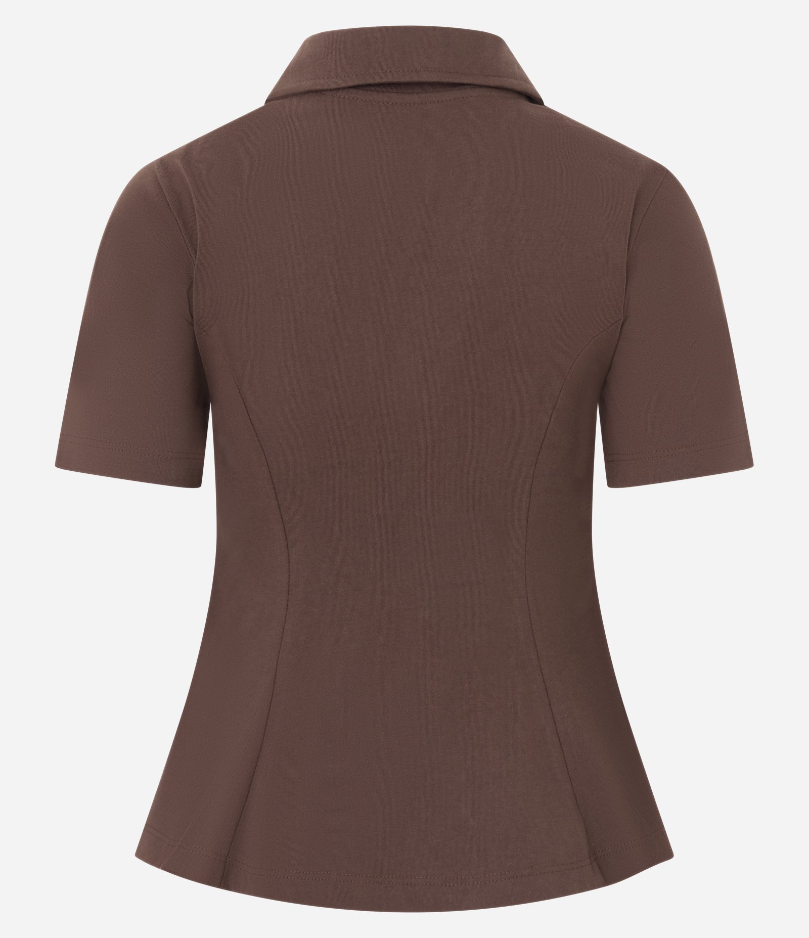 Blusa em Meia Malha com Gola Polo e Modelagem Peplum Marrom 2