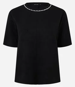 Camiseta Regular em Suede com Brilho na Gola