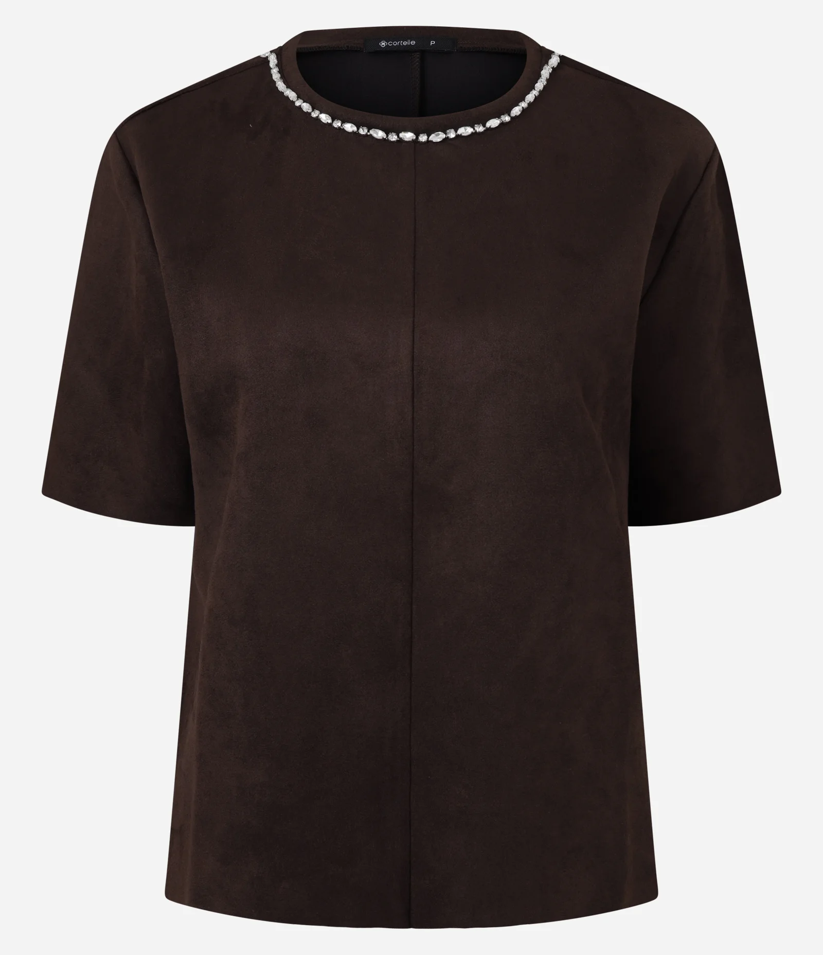 Camiseta Regular em Suede com Brilho na Gola Marrom 5