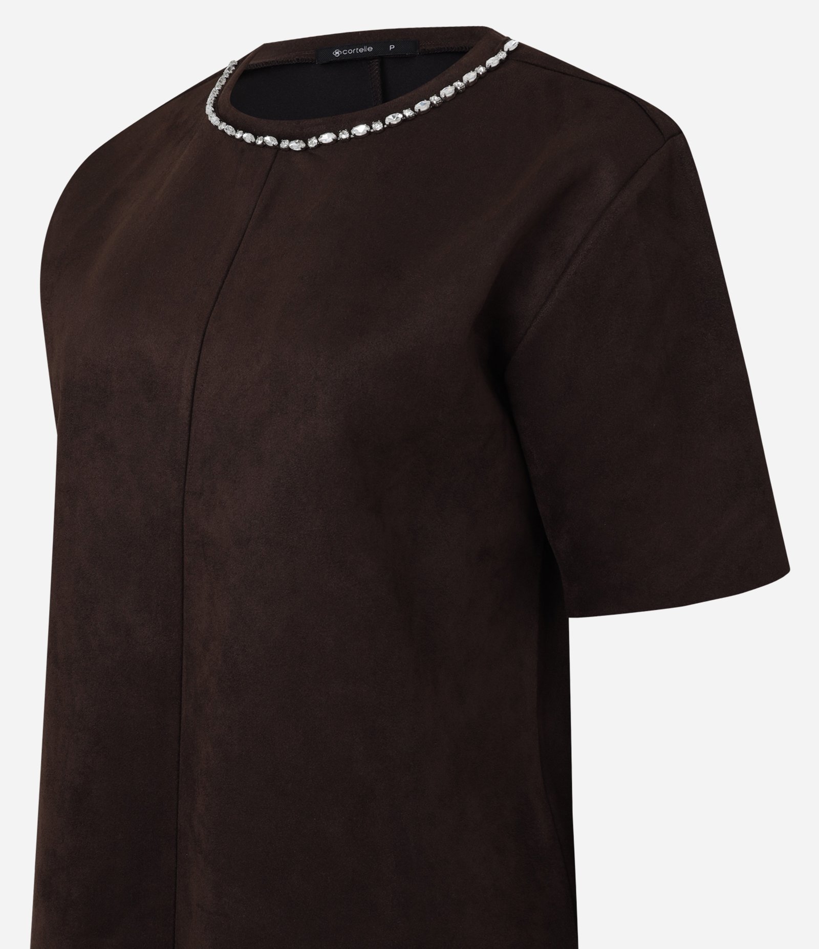Camiseta Regular em Suede com Brilho na Gola Marrom 6