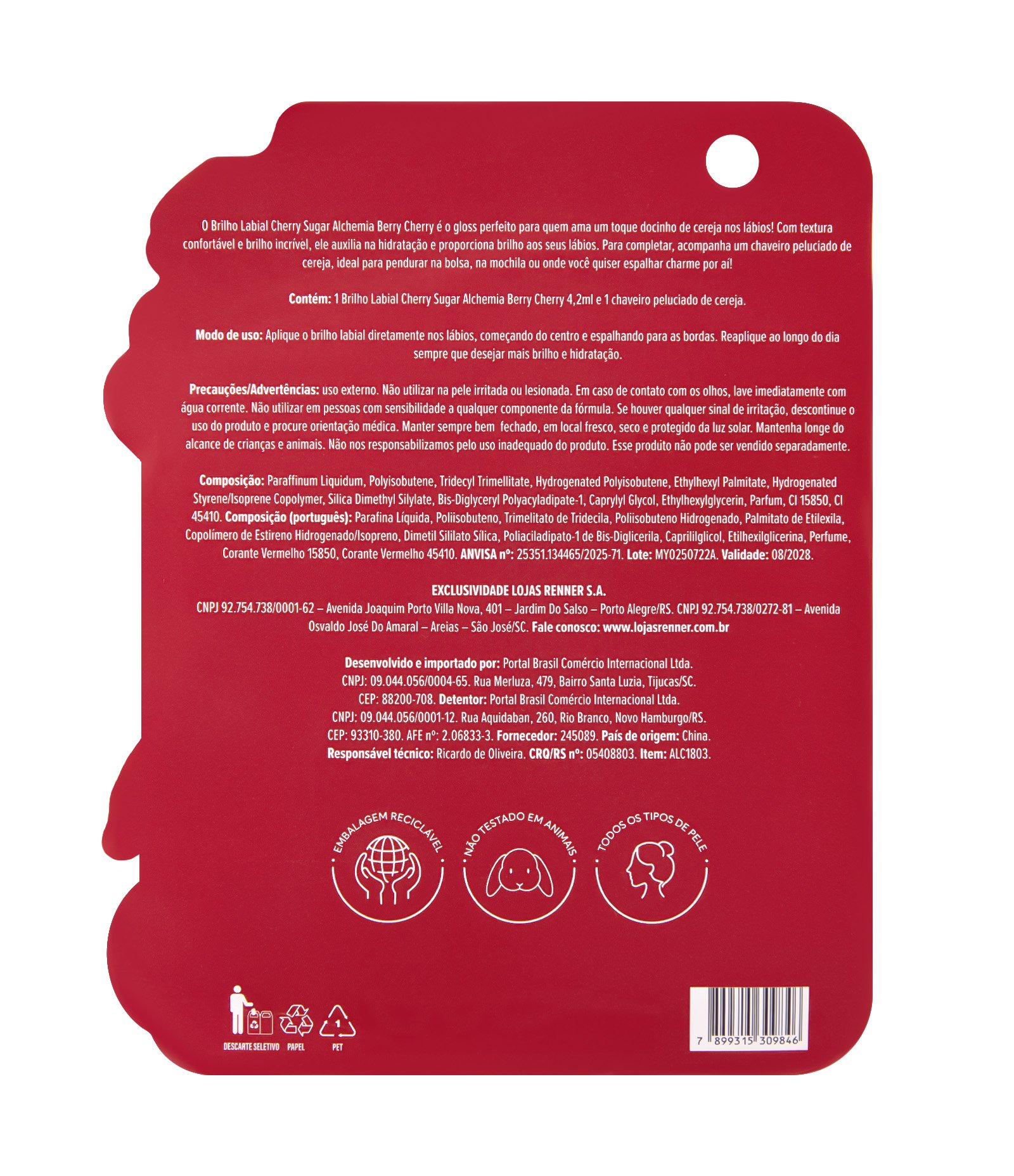 Brilho Labial Cherry Sugar Berry com Chaveiro Cherry Pelucia Alchemia U 2