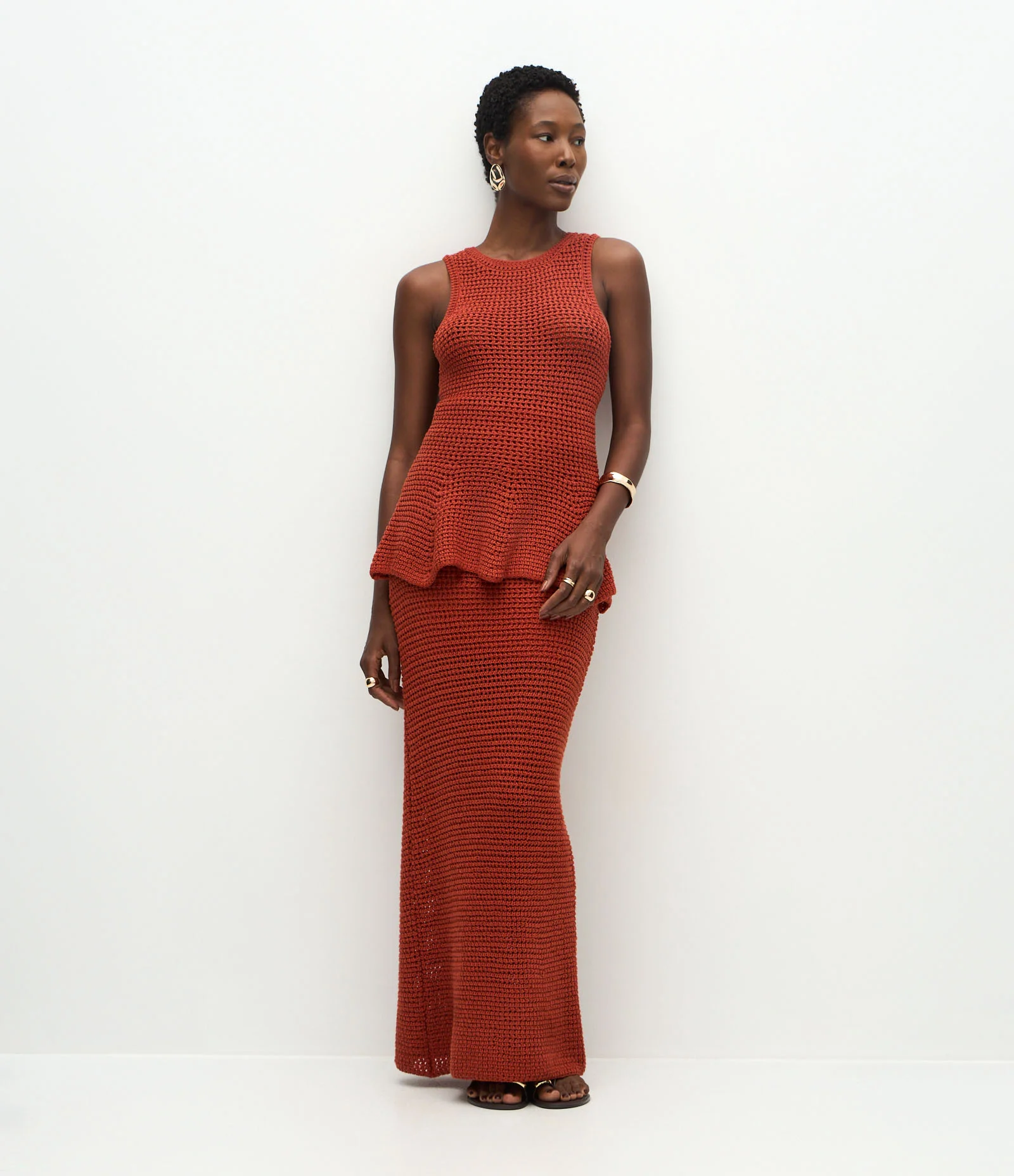 Saia Midi em Tricô com Ponto Crochetado Laranja 1