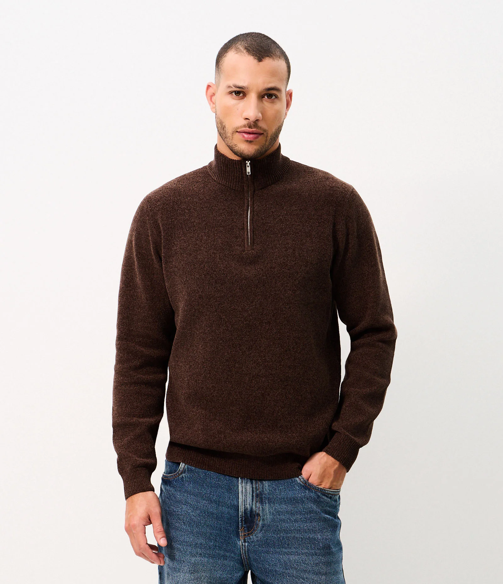 Casaco Chenille Half Zíper Marrom 1