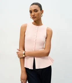 Blusa Peplum Regular em Tricô com Mini Botões