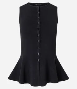 Blusa Peplum Regular em Tricô com Mini Botões