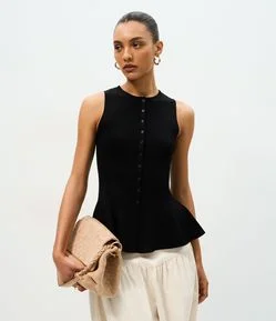Blusa Peplum Regular em Tricô com Mini Botões