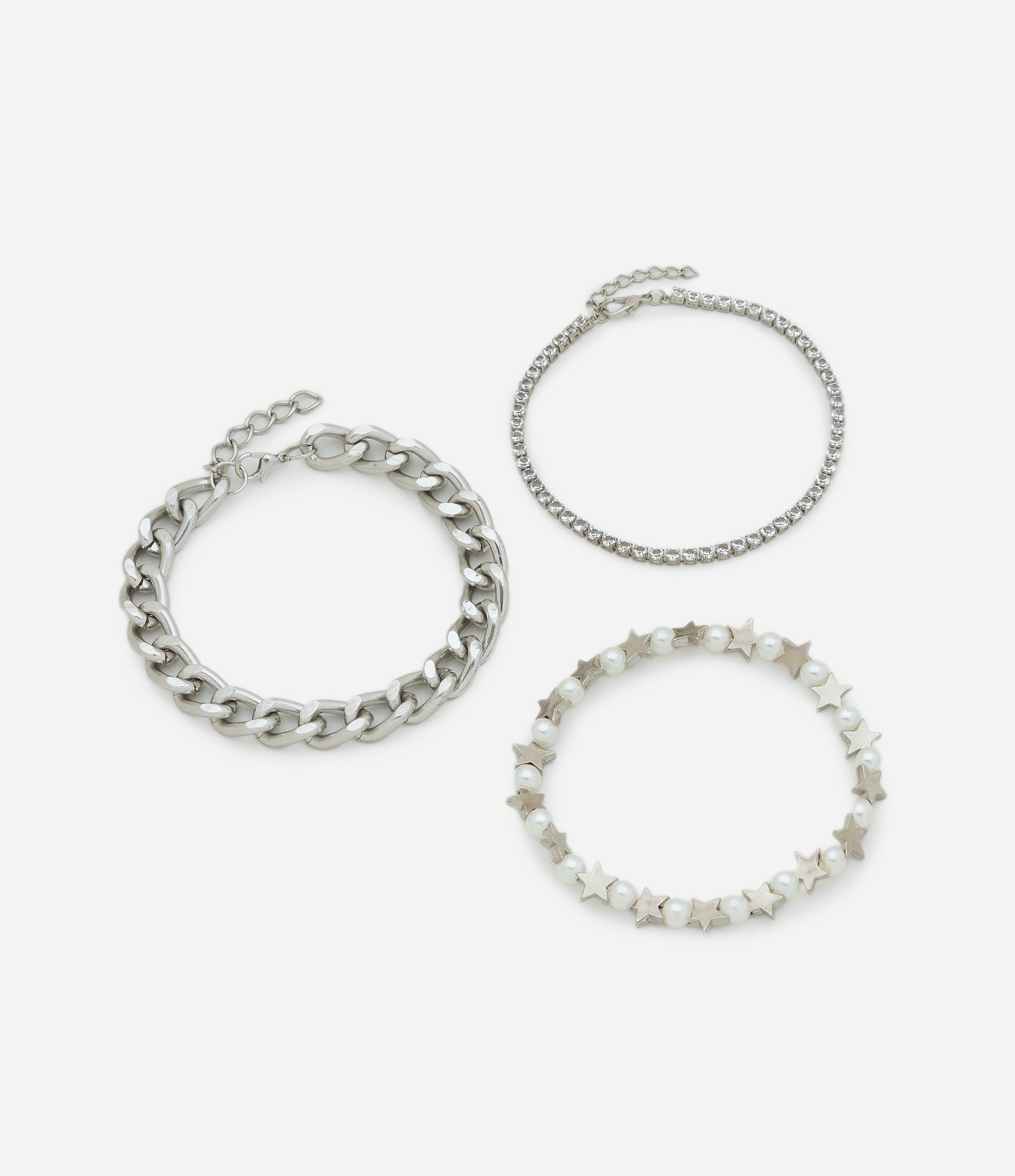 Kit 03 Pulseiras Metalizadas com Diferentes Texturas Prata 1