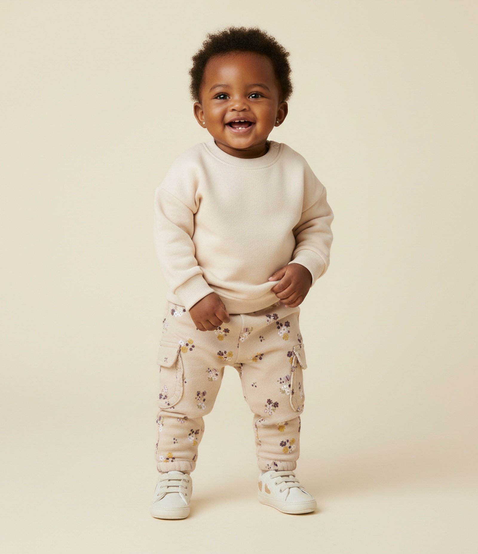 Calça Infantil com Estampa Floral – Tam 0 a 18 Meses Bege Claro 1