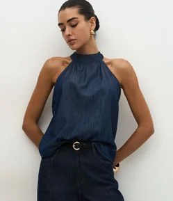 Regata Halter em Jeans com Amarração na Nuca