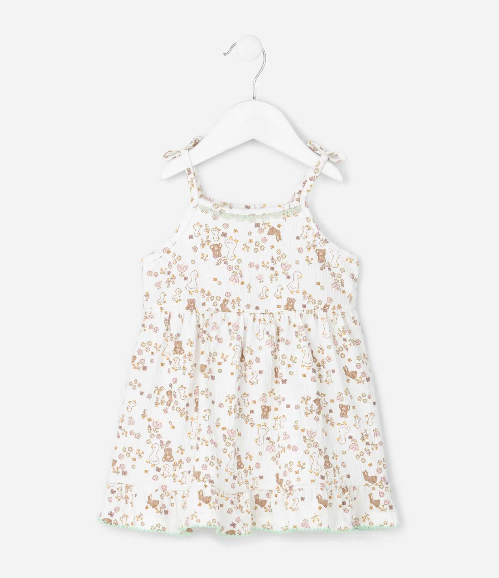 Vestido Infantil com Estampa Floral e Urso – Tam 0 a 18 Meses Off White 1