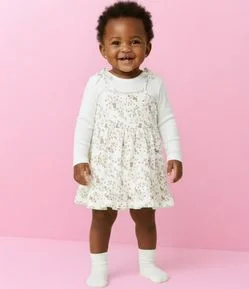Vestido Infantil com Estampa Floral e Urso – Tam 0 a 18 Meses
