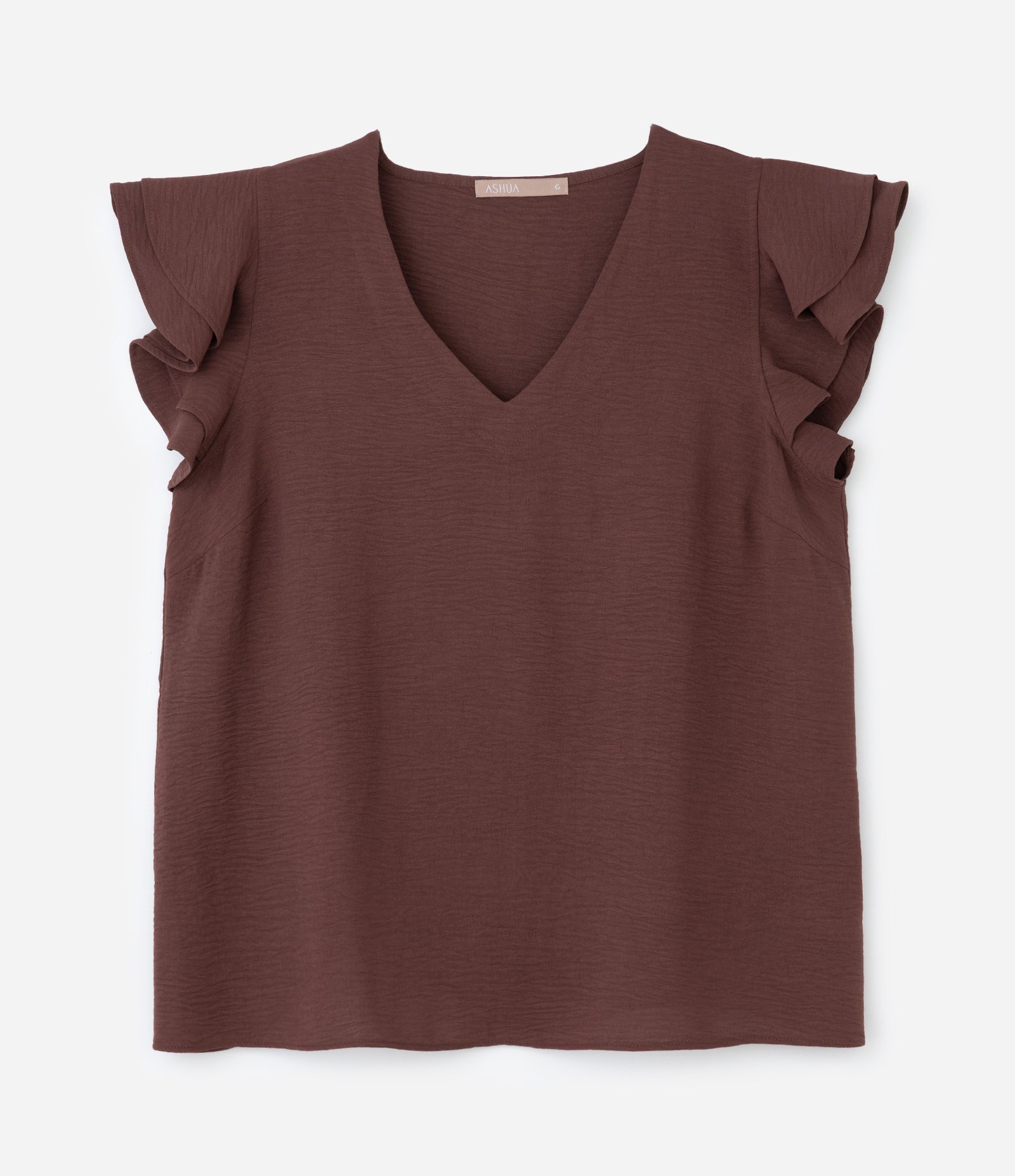 Blusa em Crepe com Babado Duplo no Ombro Curve & Plus Size Marrom 1