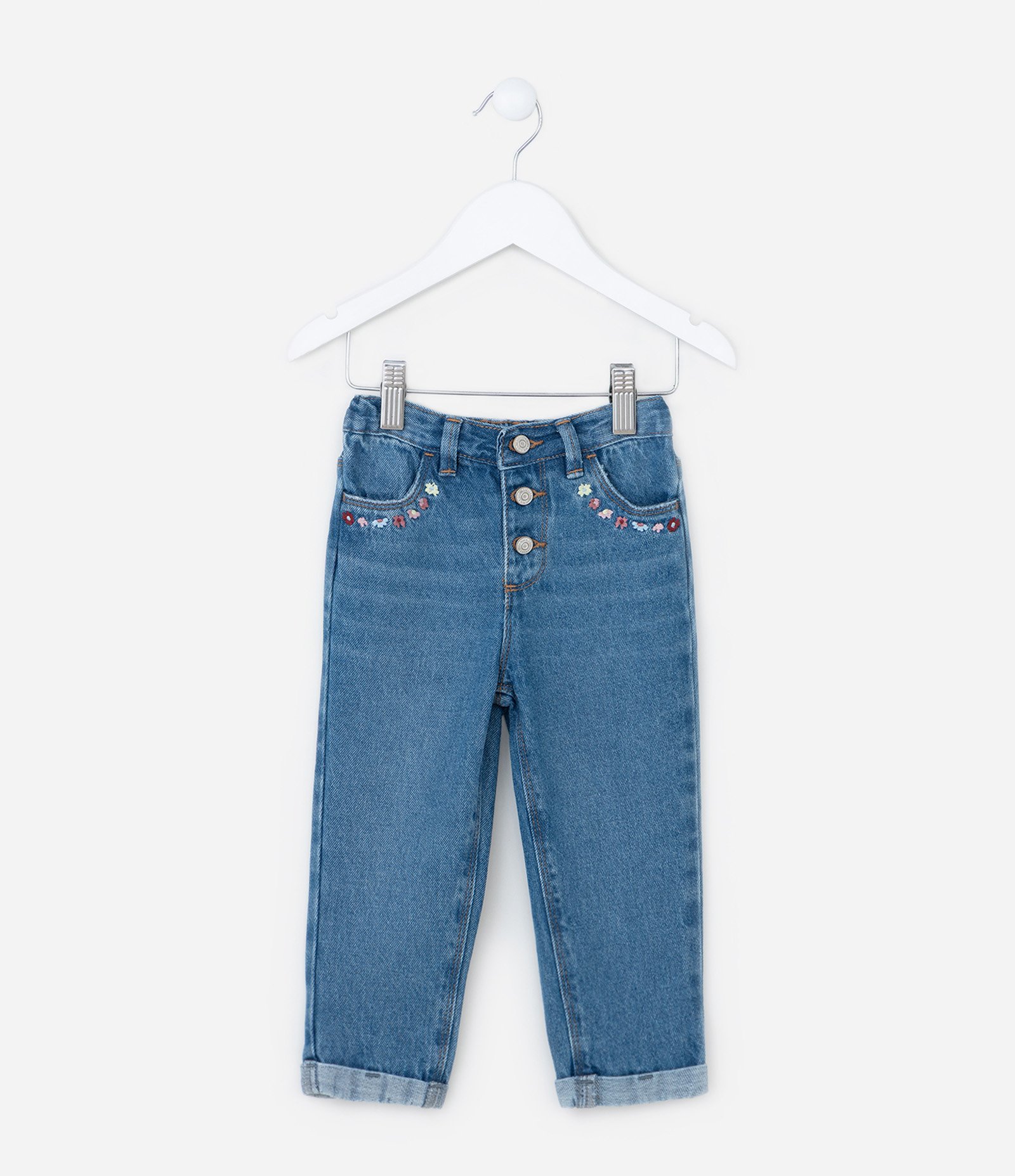 Calça Mom Infantil com Bordadinho de Flor - Tam 1 a 6 Anos Azul 2