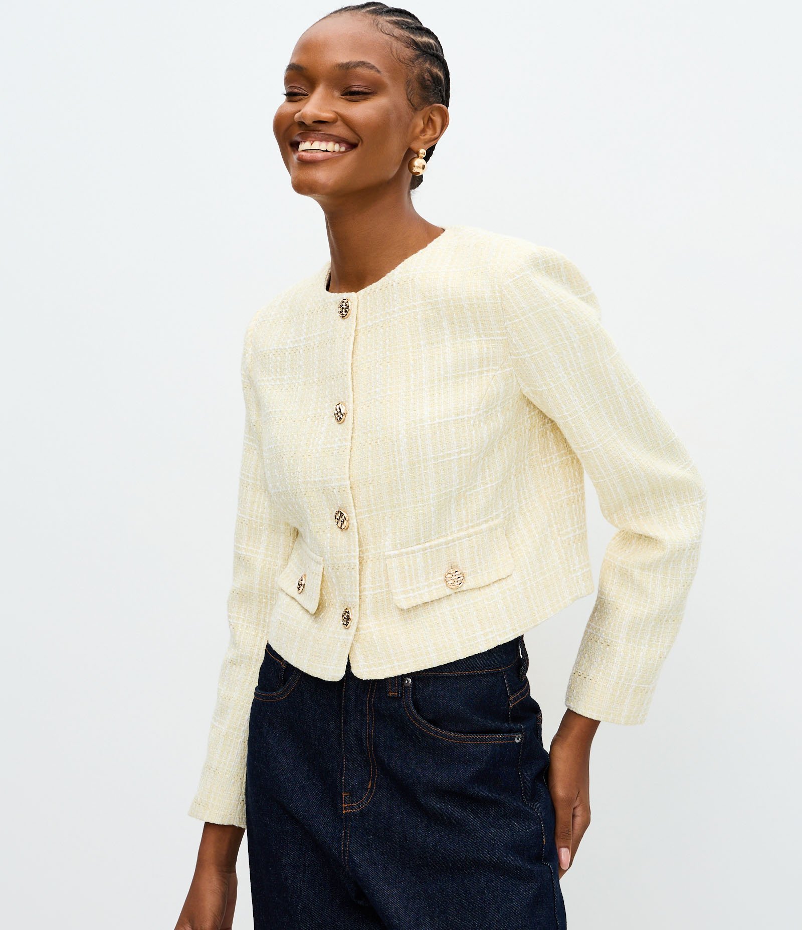 Jaqueta Leve Casaqueto em Tweed com Quatro Bolsos Amarelo 1