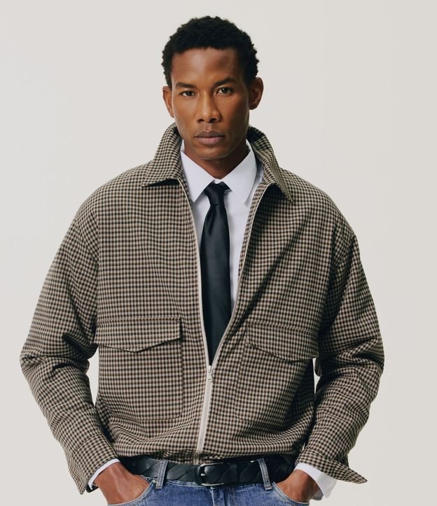Jaqueta Regular Puffer em Xadrez Tweed Cinza