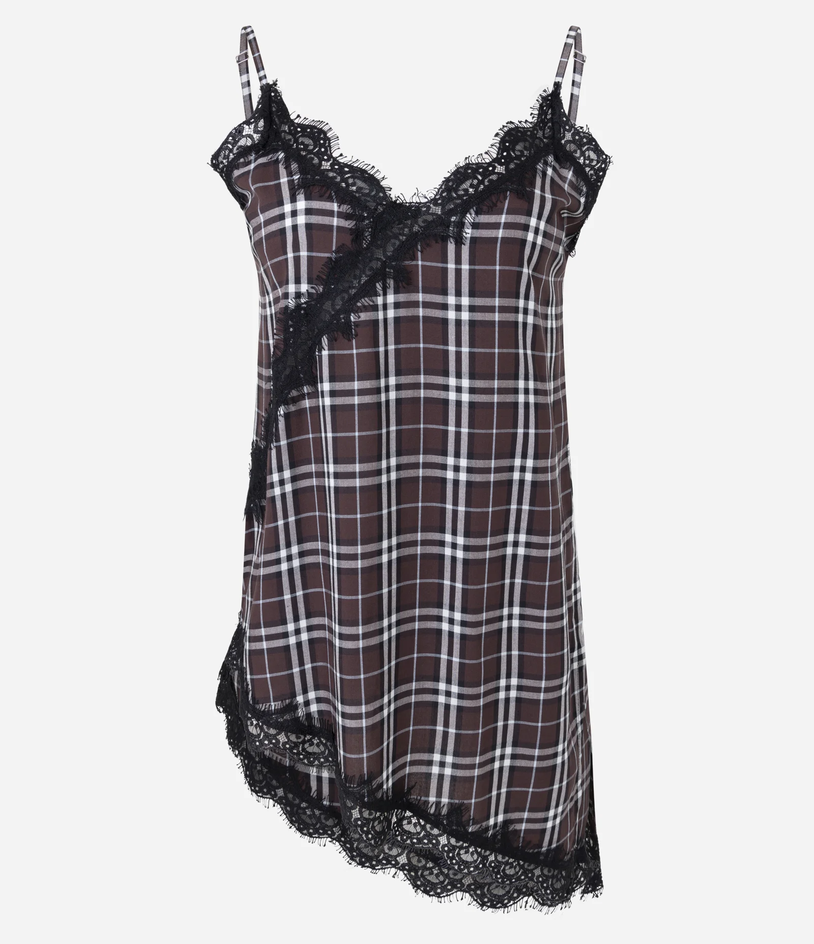 Blusa Regular Xadrez com Renda e Barra Assimétrica Marrom 5