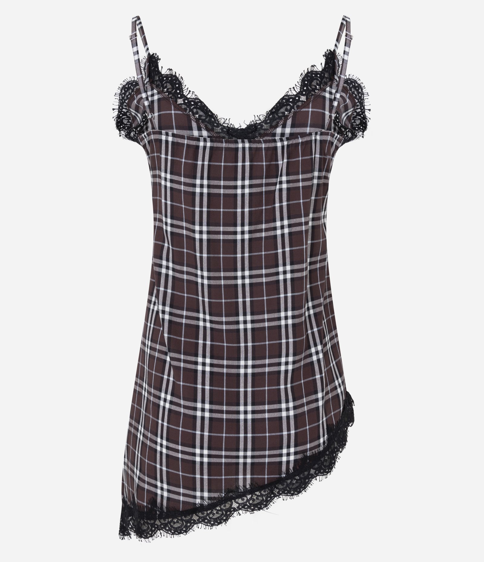 Blusa Regular Xadrez com Renda e Barra Assimétrica Marrom 7