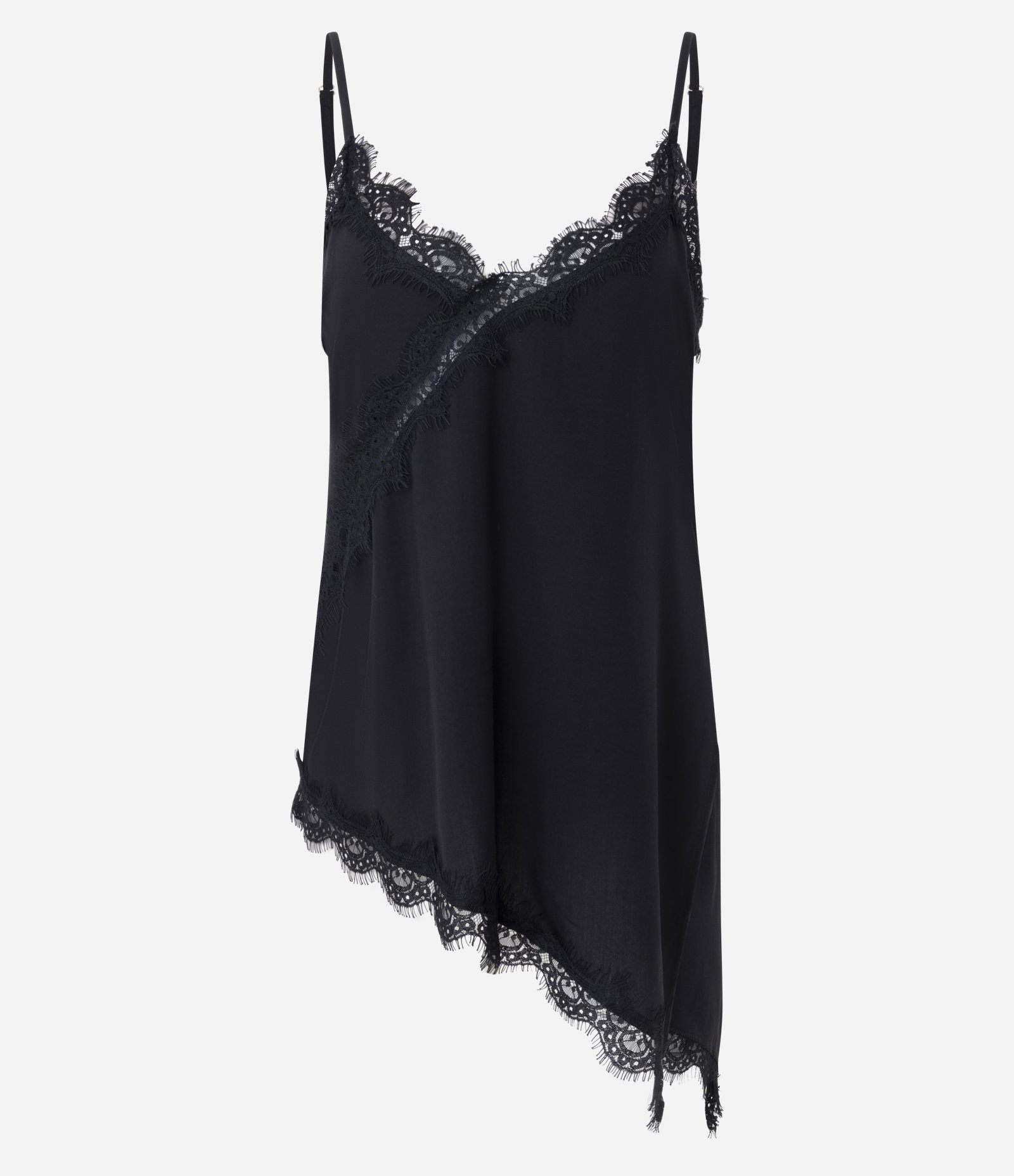 Blusa Sem Manga em Viscose com Renda e Barra Assimétrica Preto 1