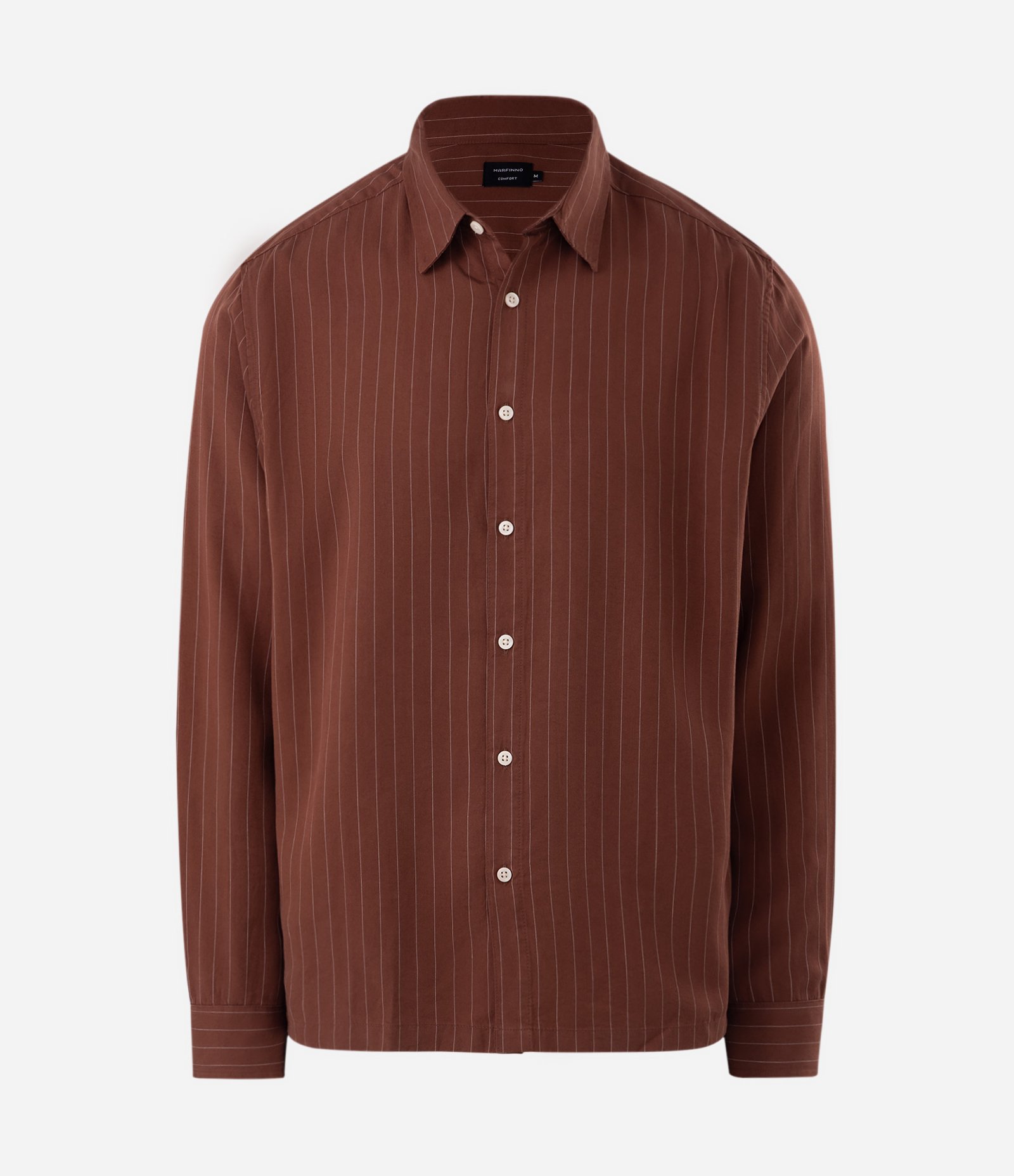 Camisa em Liocel com Risca de Giz e Manga Longa Marrom 7