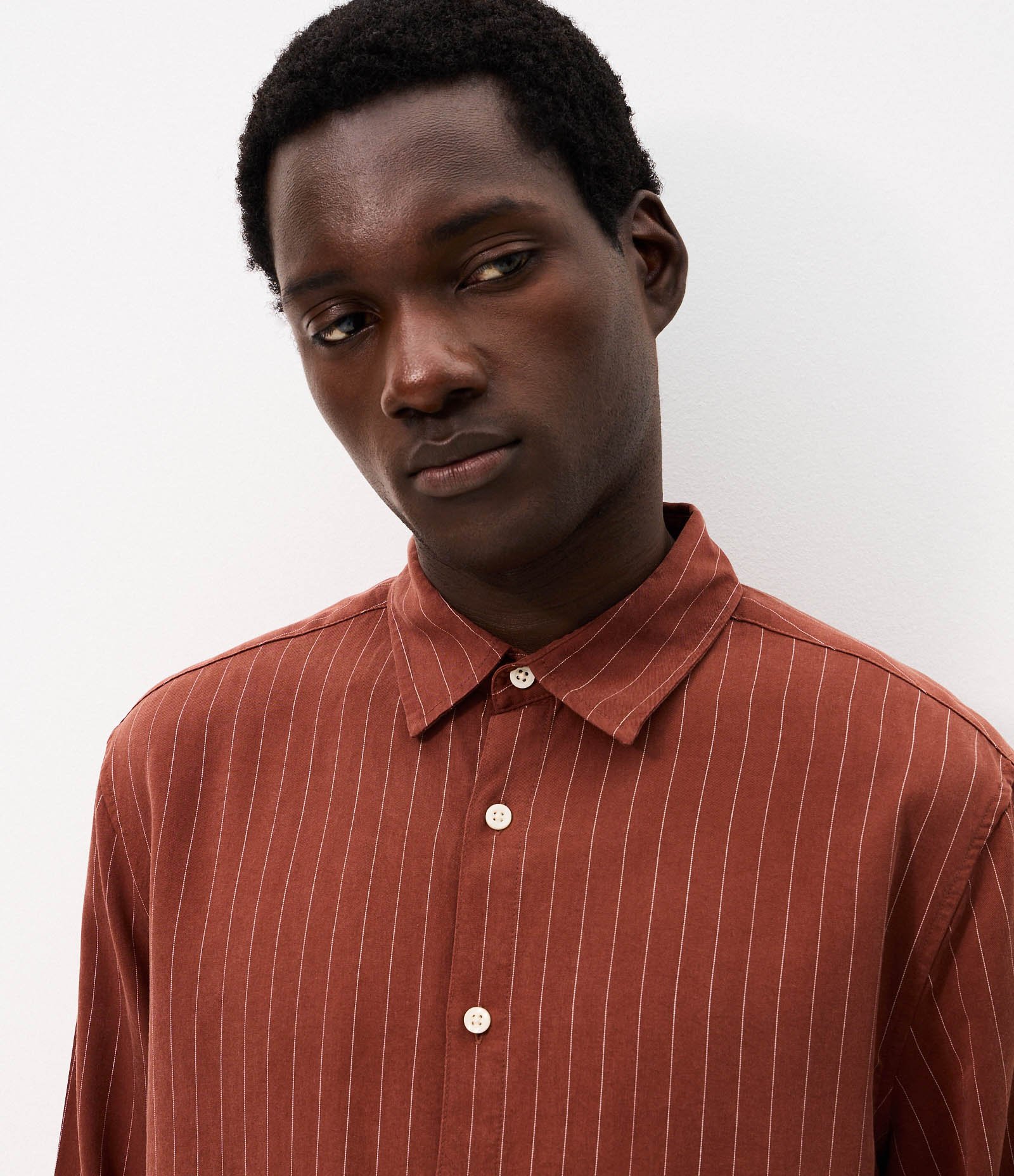 Camisa em Liocel com Risca de Giz e Manga Longa Marrom 6