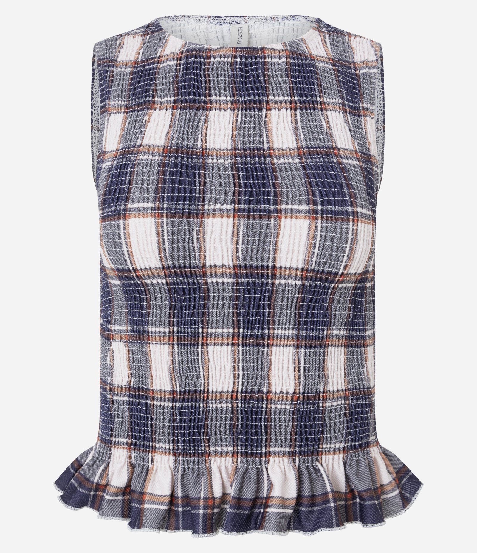 Blusa Sem Manga em Twill Xadrez com Babado na Barra Azul 5