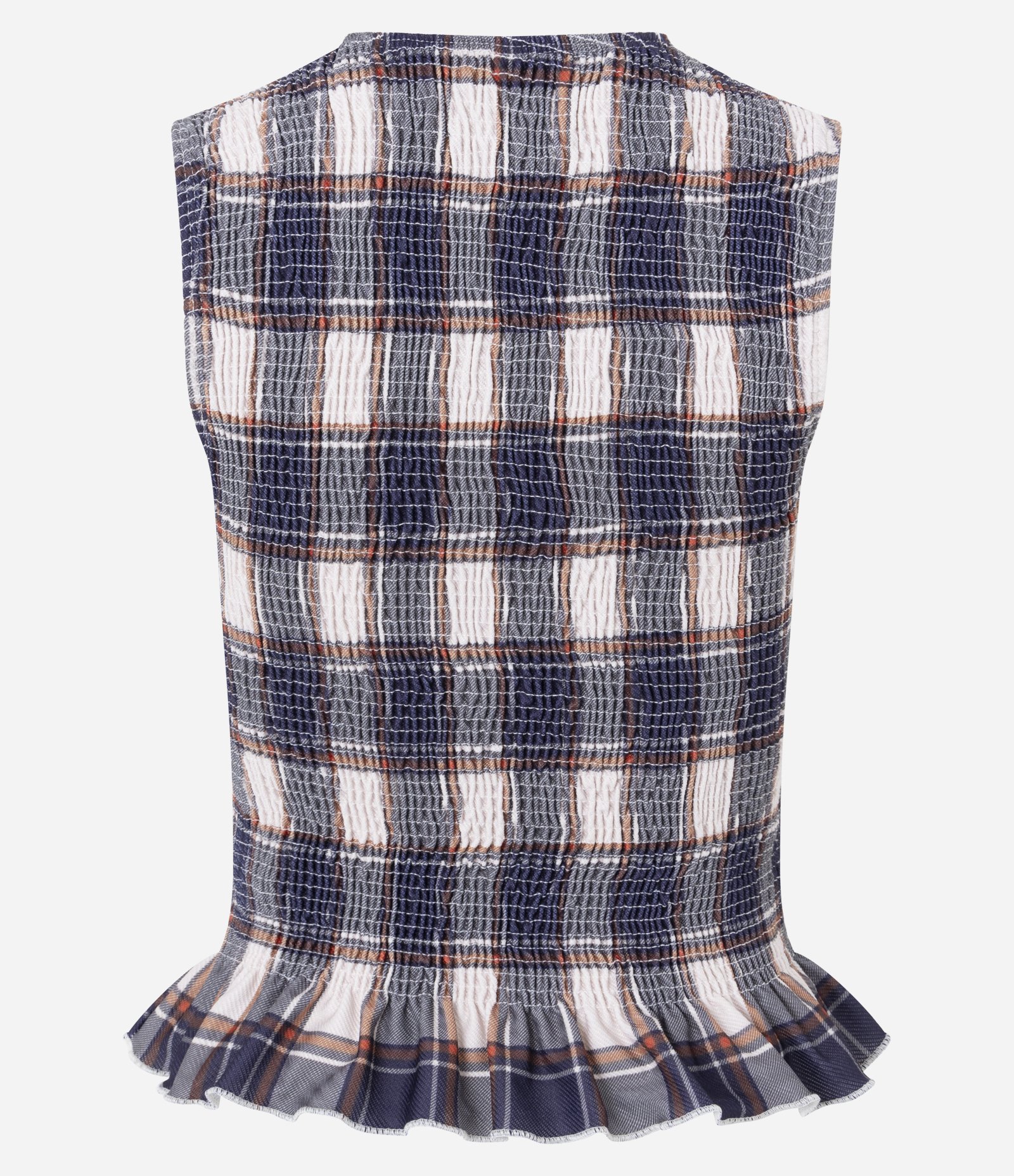 Blusa Sem Manga em Twill Xadrez com Babado na Barra Azul 6