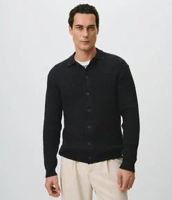 Cardigan Regular Cables em Tricô com Gola Polo