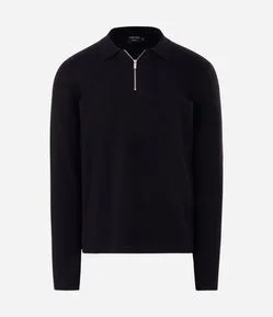 Suéter Regular em Tricô com Gola Polo e Zíper