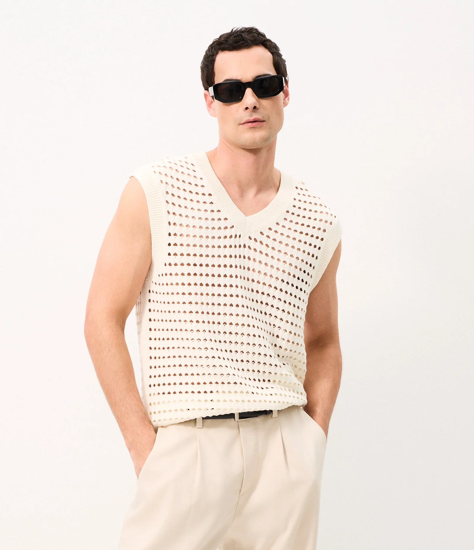 Colete Tricô Openwork Gola V Off White 1