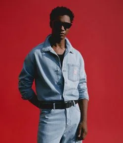 Camisa Boxy Manga Longa em Jeans Liso com Textura
