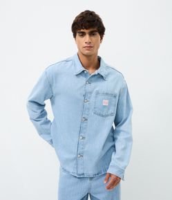 Camisa Boxy Manga Longa em Jeans Liso com Textura