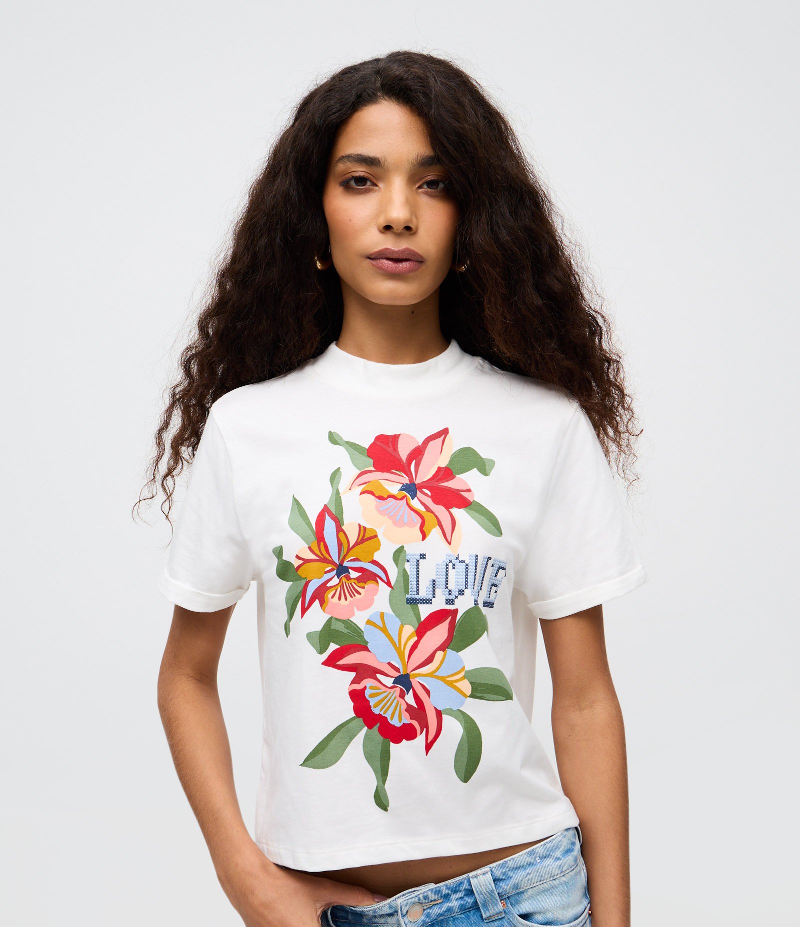 Blusa em Algodão com Lettering e Estampa Floral Branco 1