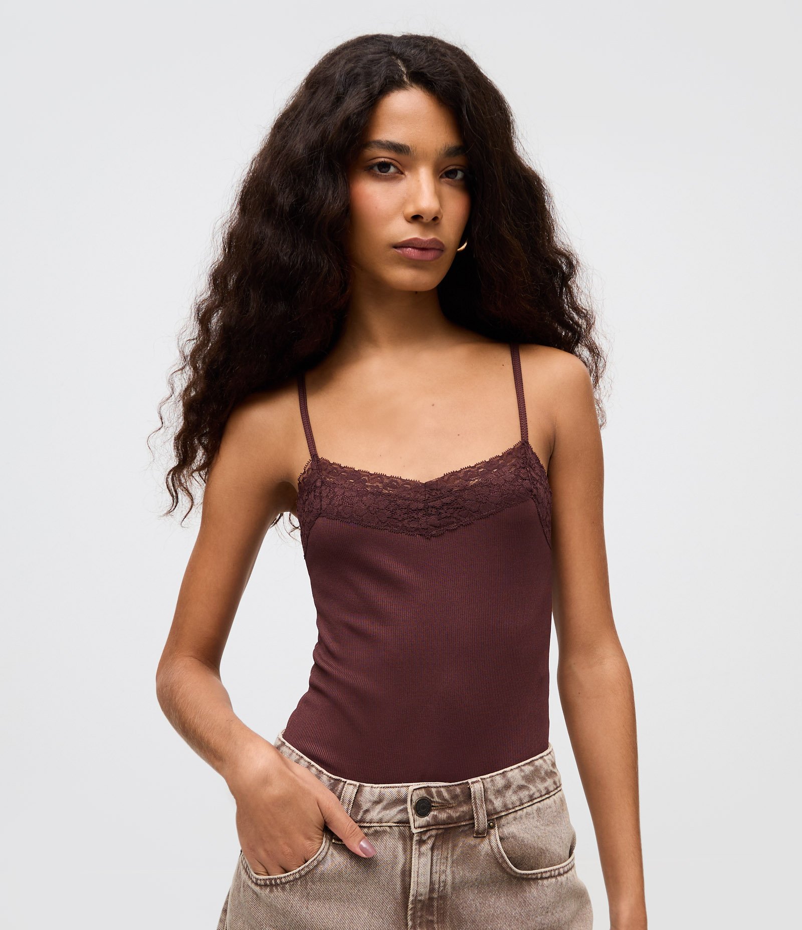 Body com Alça Fina e Renda no Decote Bordô 1