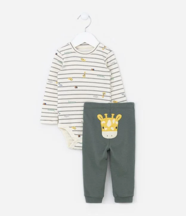 Conjunto Infantil Body Listrado e Calça com Estampa Girafa – Tam RN a 18 Meses
