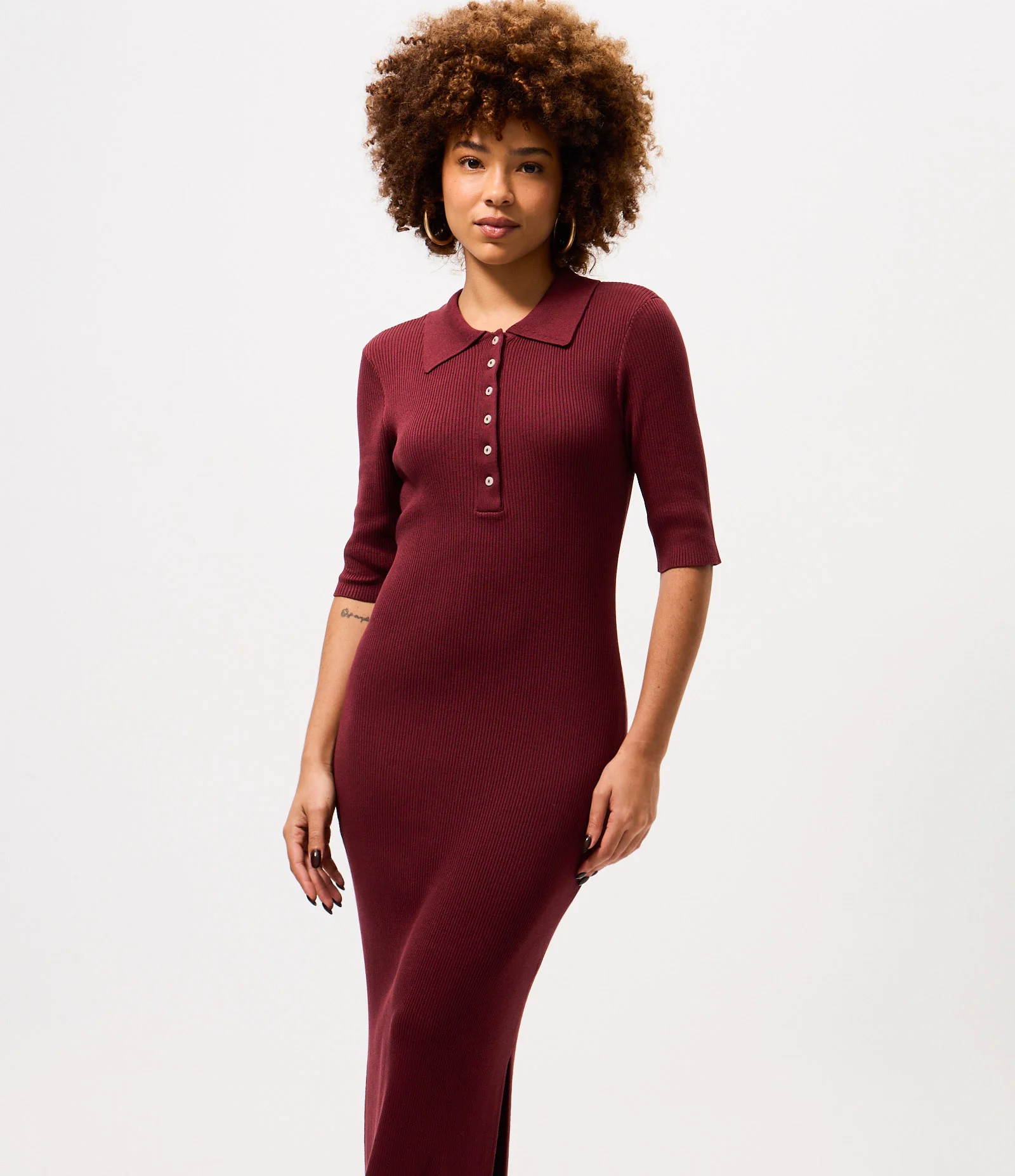Vestido Longo em Tricô com Gola Polo Vermelho 1