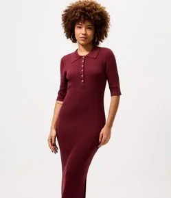 Vestido Longo em Tricô com Gola Polo