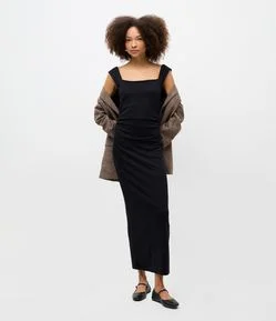 Vestido Long Midi em Ponto Roma com Alça Larga e Decote Quadrado