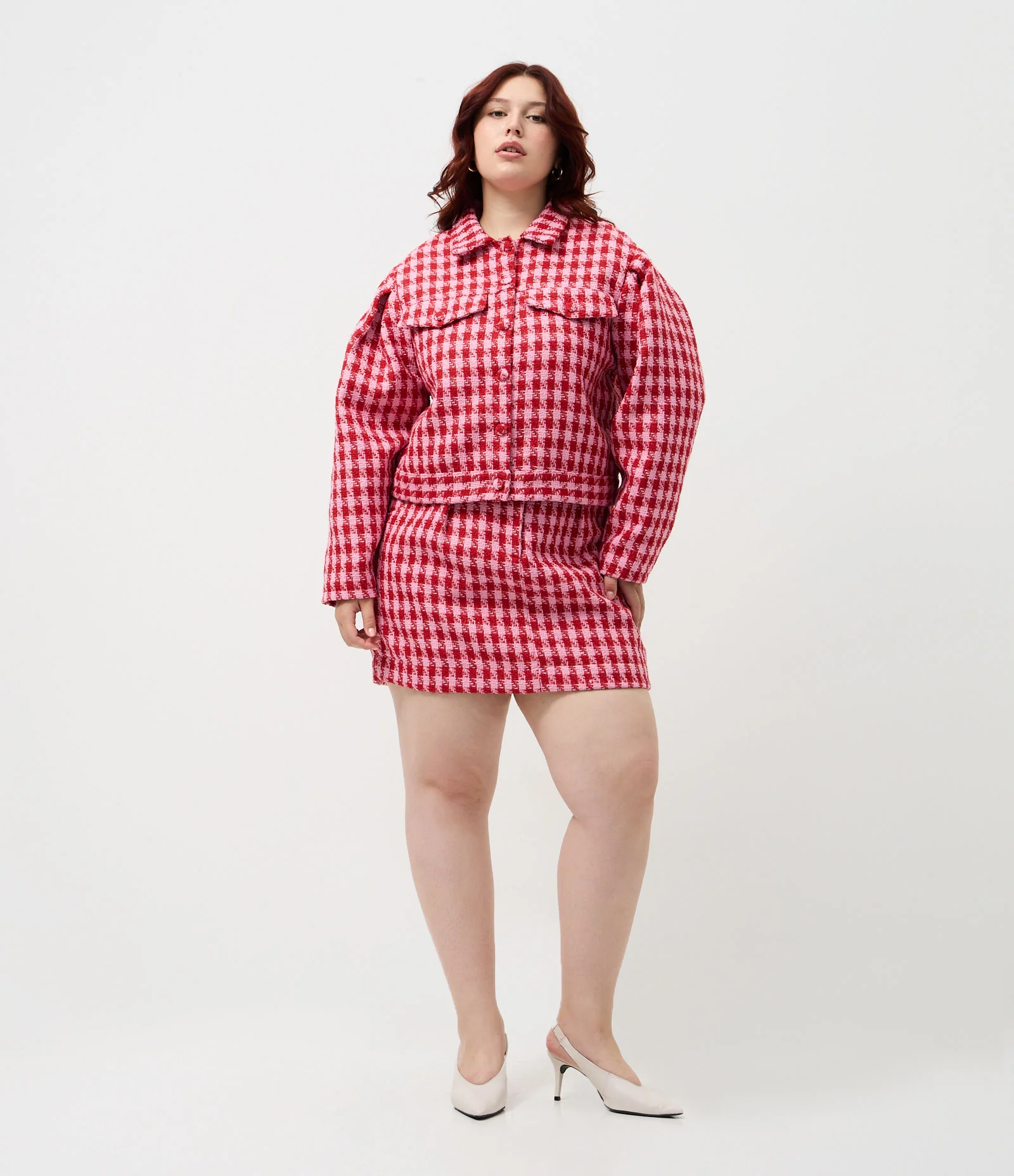 Jaqueta em Tweed com Estampa Pied de Poule Curve & Plus Size Rosa 2