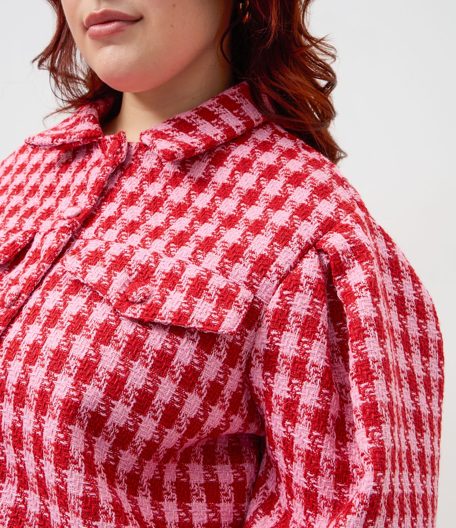 Jaqueta em Tweed com Estampa Pied de Poule Curve & Plus Size Rosa 3