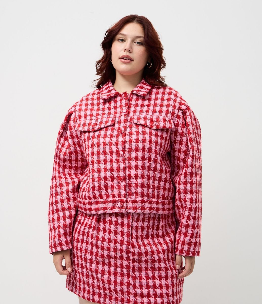 Jaqueta em Tweed com Estampa Pied de Poule Curve & Plus Size Rosa