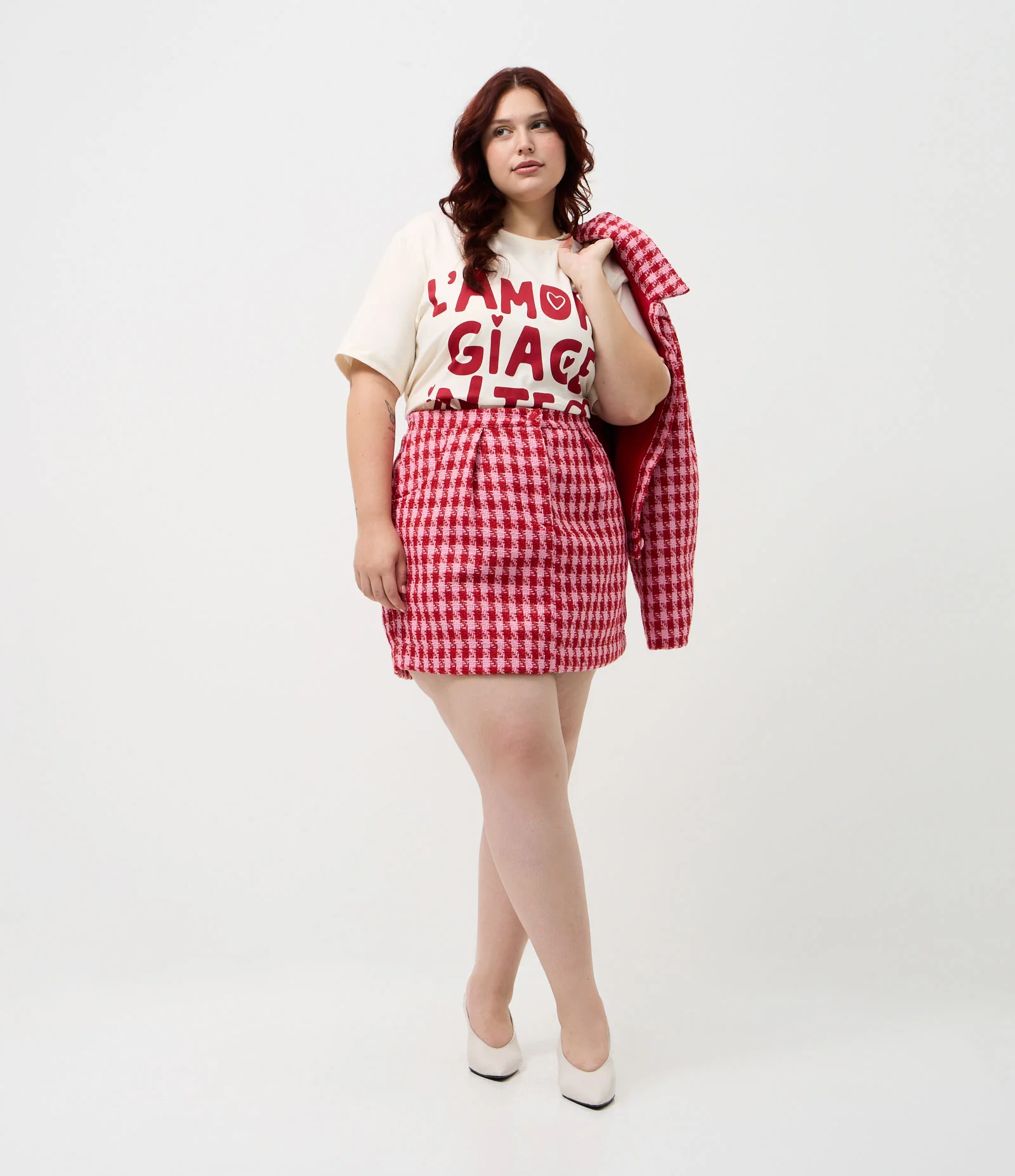 Saia Tweed Pied-de-Poule Curta Curve & Plus Size Rosa 1