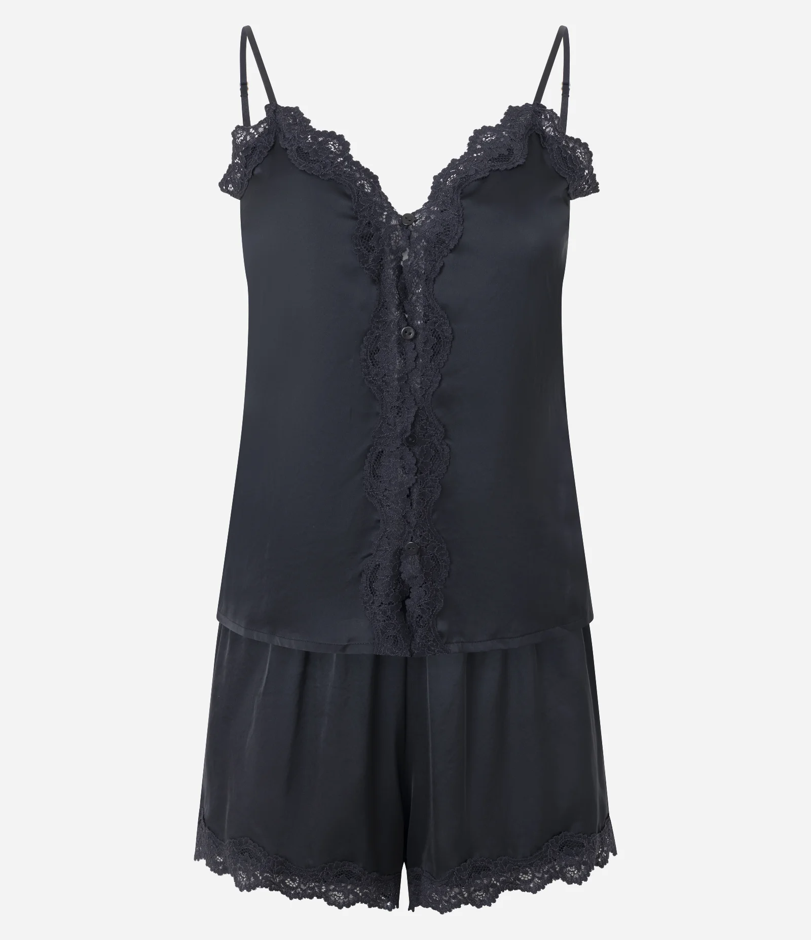Pijama Short Doll Alcinha em Cetim com Rendinha e Botões Preto