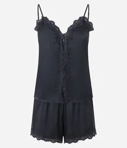 Pijama Short Doll Alcinha em Cetim com Rendinha e Botões