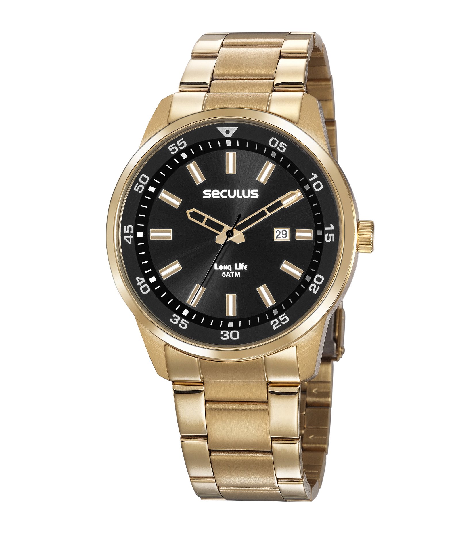 Relógio Cronógrafo Aço Cromado Masculino Seculus Dourado 1