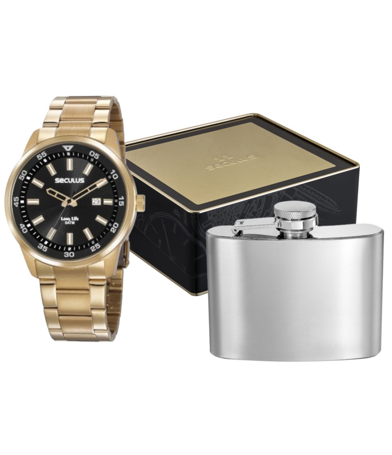 Relógio Cronógrafo Aço Cromado Masculino Seculus Dourado 2